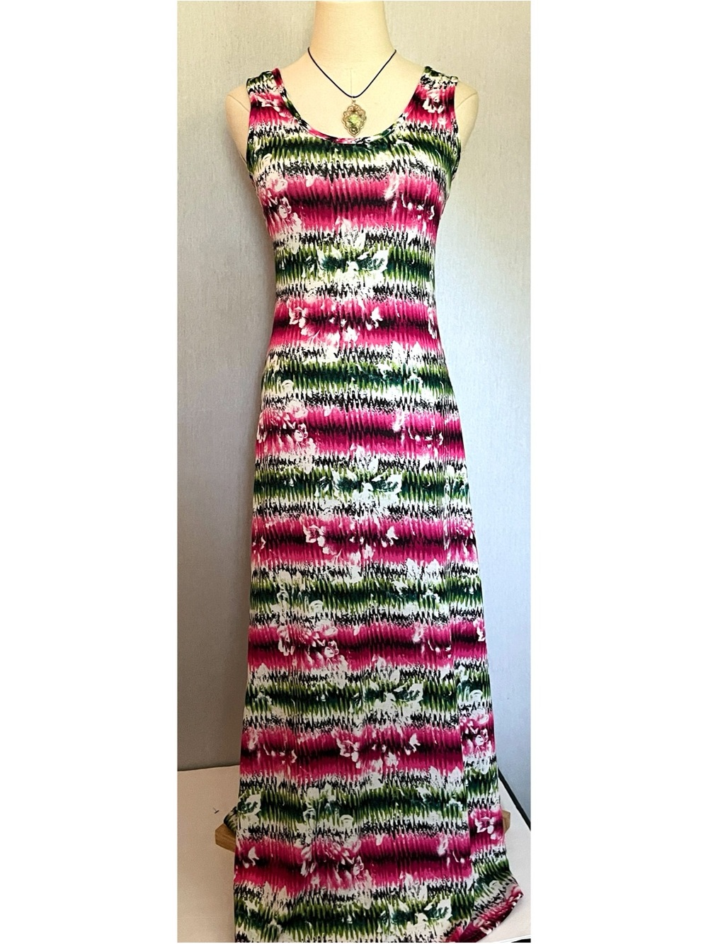 Sleeveless Racerback Pink & Green Floral Knit Maxi Dress